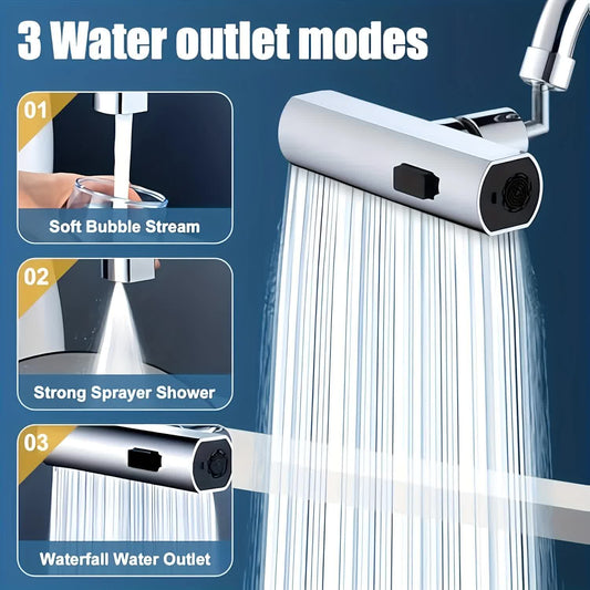 Waterfall Kitchen Tap Extender 360 Swivel Faucet Aerator Attachment 3 Spray Modes High Pressure Splash Proof V888-ELOSUNG41547