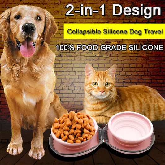 Portable Silicone Double Pet Bowl - Collapsible Travel Dog Feeder for Food & Water - 2 x 450ml Capacity with V888-ELOSUNG41792