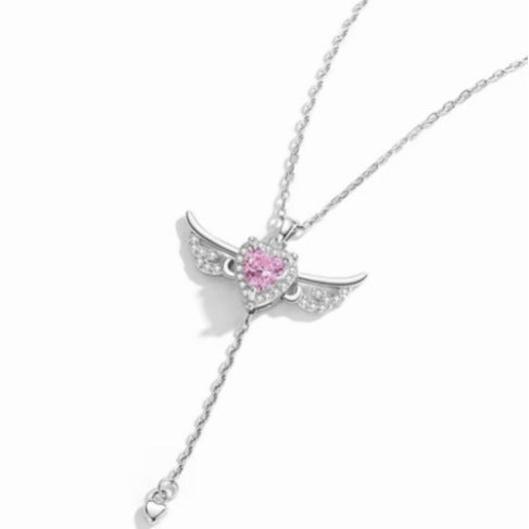 S925 Sterling Silver Angel Wings Necklace with Pink Heart Crystal & Tassel Drop Adjustable Chain Jewellery V888-ELOSUNG41993
