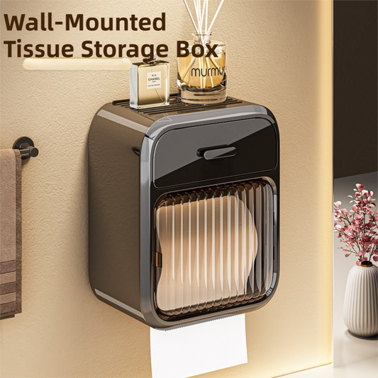 Black No-Drill Wall Mounted Toilet Paper Holder with Storage Shelf and Drawer - Waterproof Bathroom Tissue V888-ELOSUNG42029