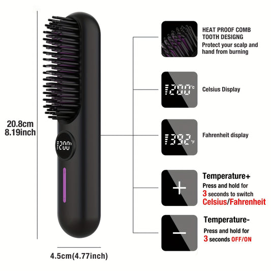 S01 Black Cordless Hair Straightener Brush - 2-in-1 Curling & Straightening Tool with LED Power Display and V888-ELOSUNG42064