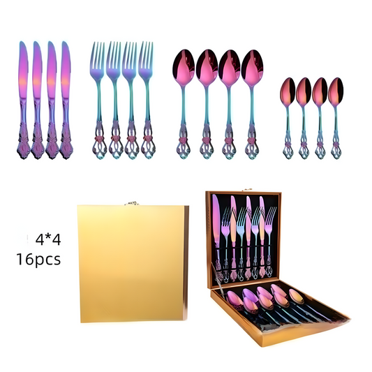 4Set / 16PCS Dazzle Color Royal Court Cutlery Set - Vintage Hollow Engraved 410 Stainless Steel Dinnerware V888-ELOSUNG42106