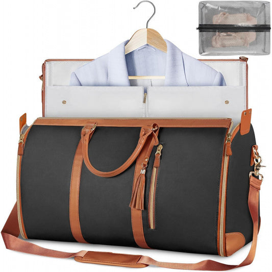 Black 56-75L Large Capacity Foldable Garment Duffel Bag with Shoe Pouch - PU Leather Convertible Suit V888-ELOSUNG42320