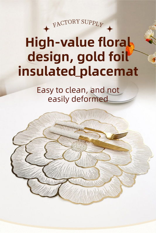 4-Pack Gold Luxury Bronzing Floral Heat-Insulated Placemats - Lotus Style Anti-Slip & Waterproof PVC Table V888-ELOSUNG42879