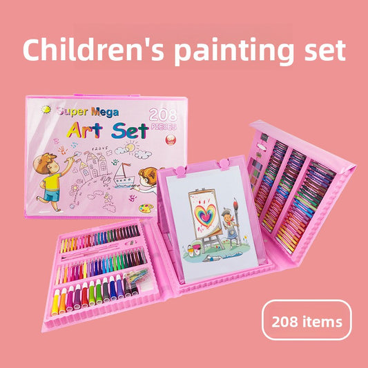 Blue 208-Piece Kids Art Set with Built-in Trifold Easel Drawing and Painting Kit for Students with Watercolor V888-ELOSUNG43179