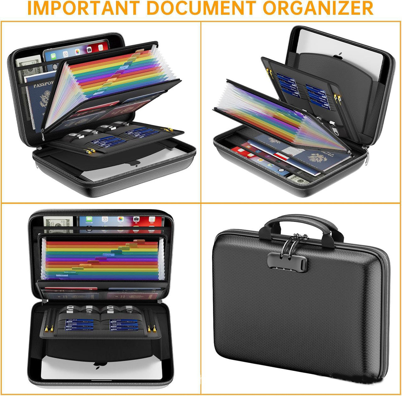Black Fireproof EVA Hard-Shell File Organizer Briefcase with Combination Lock Waterproof Accordion Document V888-ELOSUNG43347