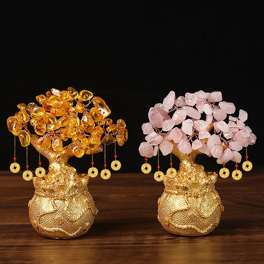 Green Handcrafted Crystal Tree Ornament - Resin Money Bag Base with Hanging Coin Charms for Home & Office V888-ELOSUNG43719
