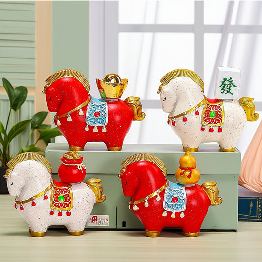 White Red New Chinese Style Resin Horse Figurine with Rotating Lucky Bag - Elegant Home or Office Decor for V888-ELOSUNG43758
