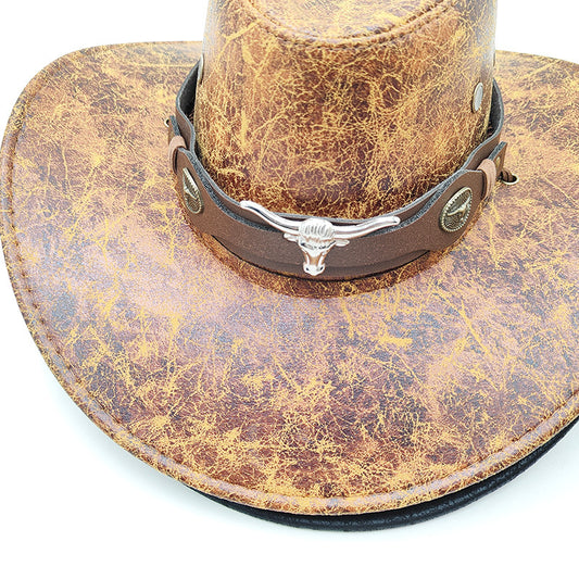 Retro Western Cowboy Hat Khaki Distressed Crackle Finish Bull Head Emblem Wide Brim Sun Protection Outback V888-ELOSUNG44211