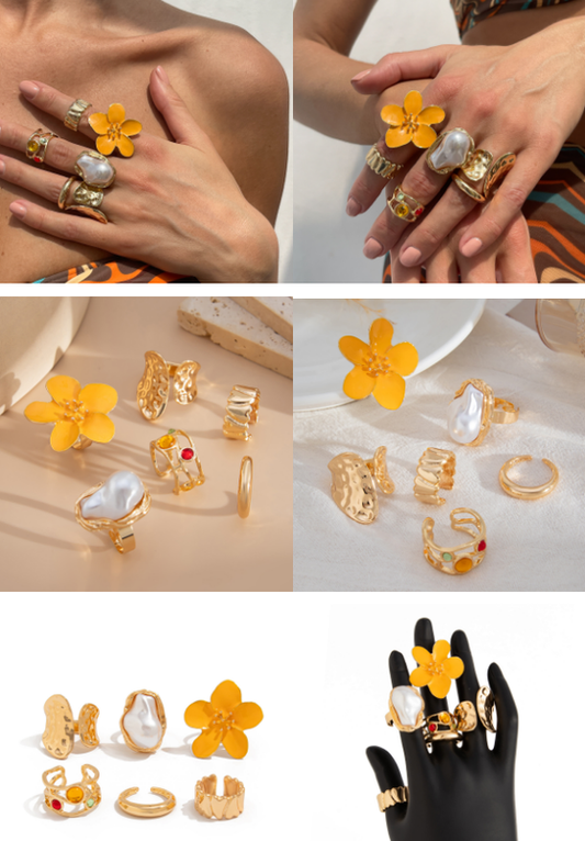 6-Piece Gold Chunky Stackable Ring Set Yellow Enamel Flower & Baroque Pearl - Adjustable Open Finger V888-ELOSUNG44309