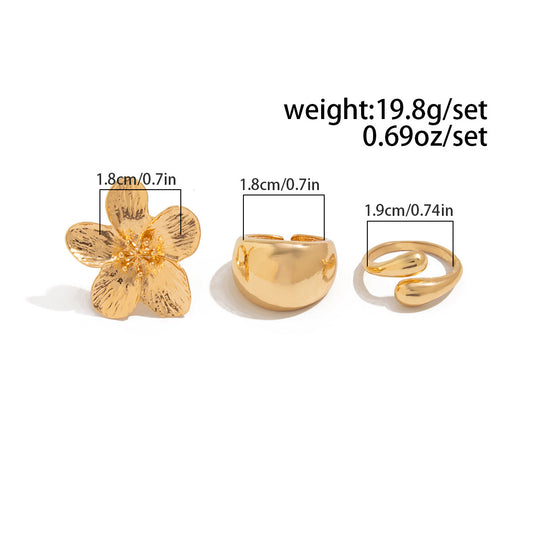 3-Piece Sculptural Gold Tone Ring Set - Large Textured Flower, Chunky Smooth Dome & Teardrop Wrap Band - V888-ELOSUNG44392