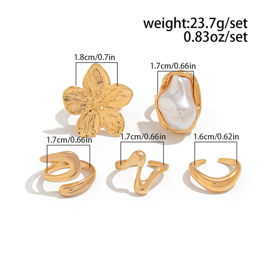 5 PCS Liquid Gold Tone Ring Set - Baroque Faux Pearl, Textured Flower & Abstract Wave Bands - Adjustable Boho V888-ELOSUNG44393
