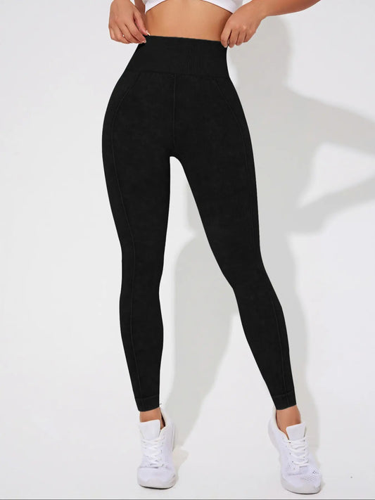 Seamless High Waisted Yoga Leggings 2 PCS Solid Black and Sand Washed Blue Size S Moisture Wicking Activewear V888-ELOSUNG44835