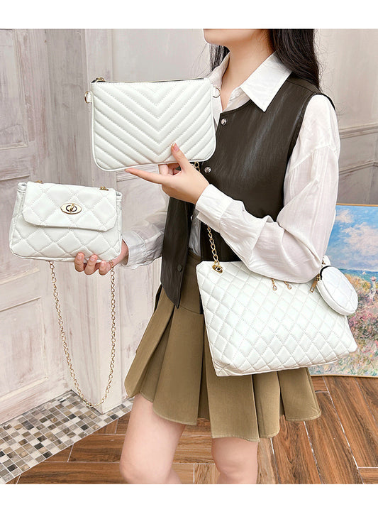 4-Piece PU Leather Rhombus Handbag Set - Large Capacity Shoulder Bag with Secure Zipper & Buckle Closure, V888-ELOSUNG45007