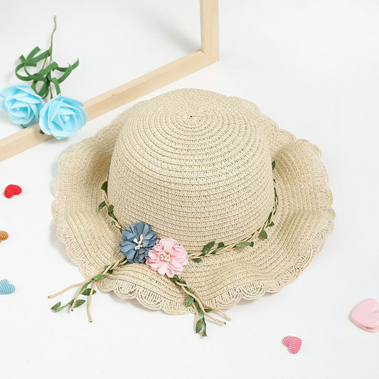 Beige Girls Summer Princess Straw Straw Hat and Matching Purse Set - Breathable Floral Wide Brim Sun V888-ELOSUNG45110