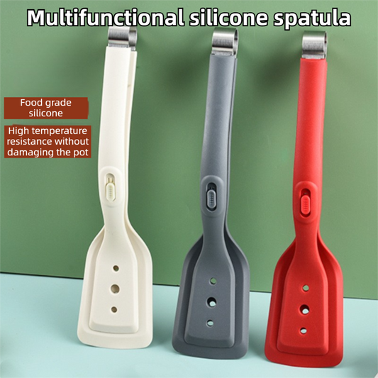 2-in-1 Black Silicone Spatula Tongs with Locking Clip & Oil Drainage - Non-Stick Heat Resistant Food Flipper V888-ELOSUNG45208