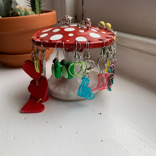 Whimsical Mushroom Earring Holder - Unique Forest-Themed Resin Jewelry Organizer for Vanity & Dresser V888-ELOSUNG45284