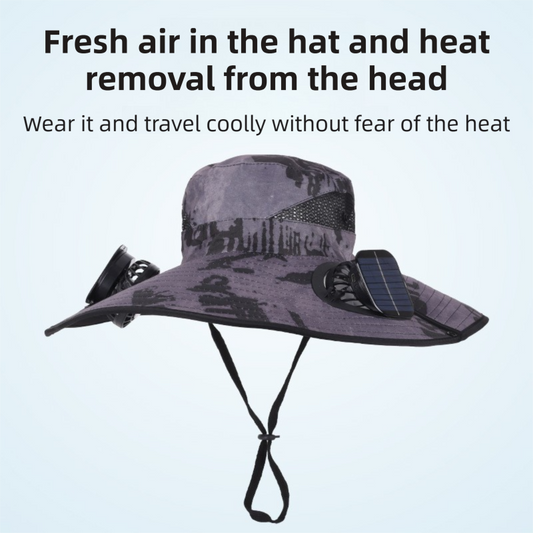 Black Dual Turbo Fan Sun Hat with Square Solar Panel & TypeC Interface - Waterproof 14cm Wide-Brim Cooling V888-ELOSUNG45474