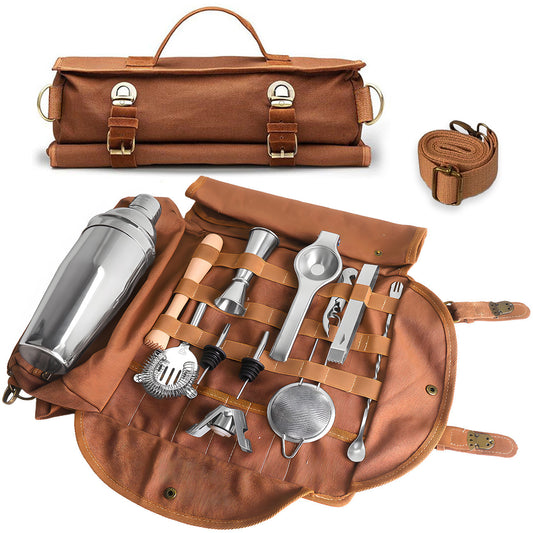 Blue Professional Bartender Kit Travel Bag - Durable Canvas Tool Organizer and Bar Briefcase with Metal V888-ELOSUNG45578