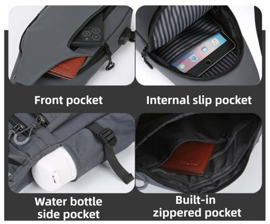 Black Waterproof Unisex Chest Bag with USB Charging & Headphone Port - 3-Layer Large Capacity PU Leather V888-ELOSUNG45594