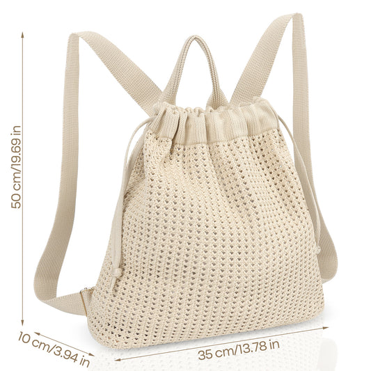 Beige Bohemian Crochet Knit Drawstring Backpack - Hand-Woven Versatile Tote & Shoulder Bag for Vacation, V888-ELOSUNG46225