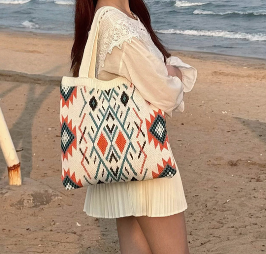 Beige Bohemian Tribal Print Knit Tote Bag | Large Capacity Woven Style Handbag | Fashion Ethnic Shoulder V888-ELOSUNG46359