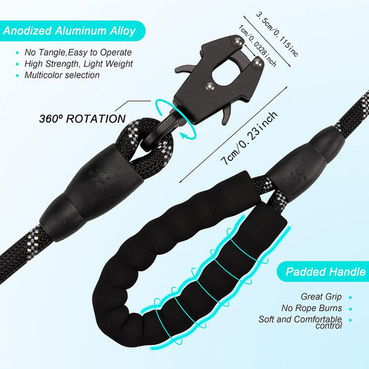Black High Strength Nylon Rope Dog Leash | 1.5M Heavy Duty Lead with Anodized Frog Clip | Padded Comfort V888-ELOSUNG46398