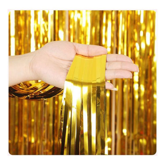 10 Pcs Gold Shiny Tinsel Foil Fringe Curtain - 1m x 2m Metallic Streamer Backdrop for Birthday Parties, V888-ELOSUNG47239