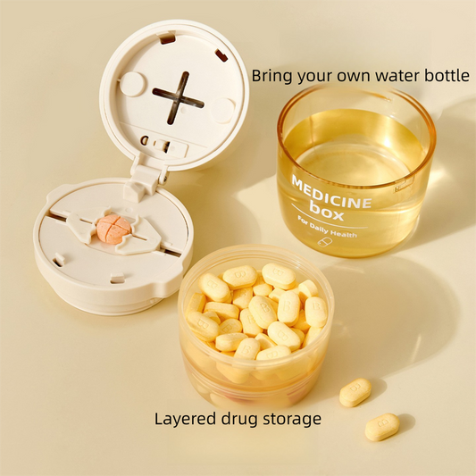 Beige 3-in-1 Pill Cutter, Crusher & Organizer Box with Built-in Water Cup - Portable Medicine Storage V888-ELOSUNG47301