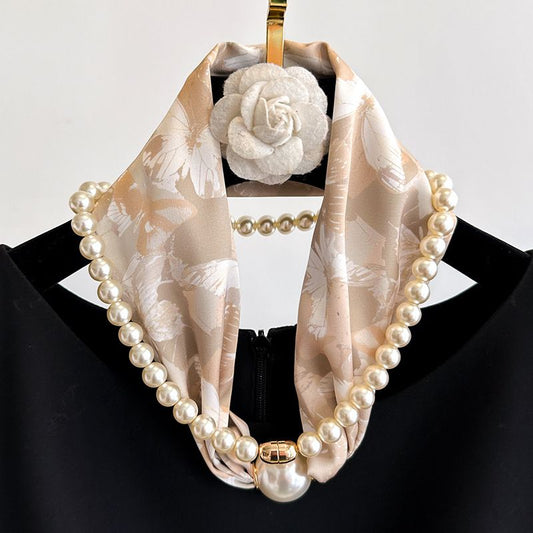 Black flowers 2-in-1 Magnetic Pearl Scarf & Necklace Set - Floral Print Polyester Neck Wrap with Detachable V888-ELOSUNG47343