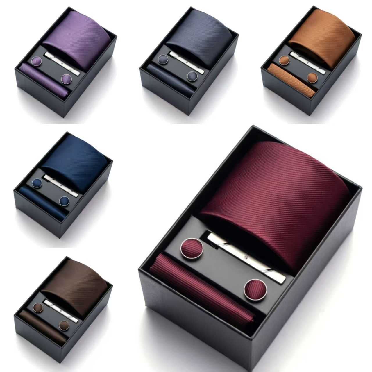 HB376 Purple Premium Men's 4-Piece Formal Tie Set - Necktie, Pocket Square, Cufflinks, and Tie Clip in a Luxury Gift Box
