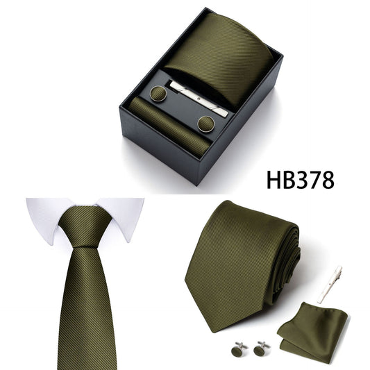 HB378 Dark Green Premium Men's 4-Piece Formal Tie Set - Necktie, Pocket Square, Cufflinks, and Tie Clip in a Luxury Gift Box