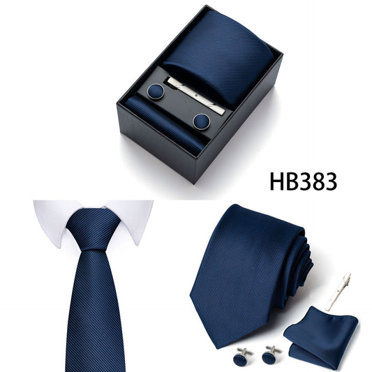 HB383 Dark Blue Premium Men's 4-Piece Formal Tie Set - Necktie, Pocket Square, Cufflinks, and Tie Clip in a Luxury Gift Box