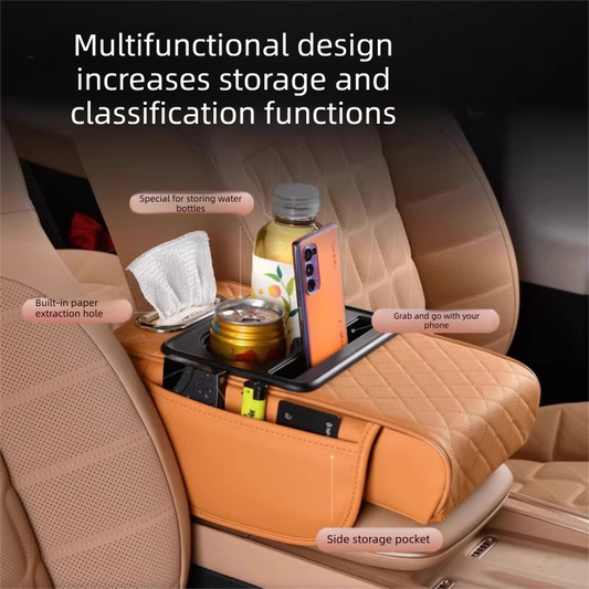 Beige Car Central Armrest Box Raiser Pad with Cup Holder, Tissue Box & Phone Storage - 4-in-1 V888-ELOSUNG48048