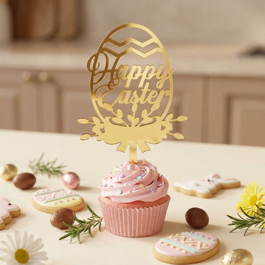 10-Piece Set of Elegant Easter Cake Toppers - Gold Acrylic "Happy Easter" Decorations with Bunny & Egg V888-ELOSUNG48205