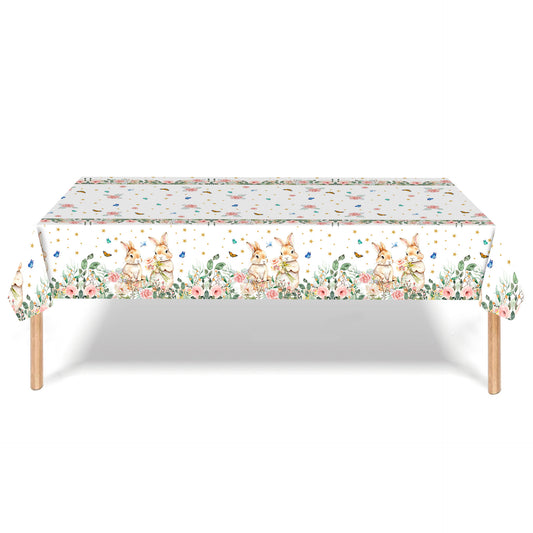 Easter Party Decoration Set - Floral Bunny Tablecloth 137x274cm + Happy Easter Banner, Spring-Themed Decor V888-ELOSUNG48213