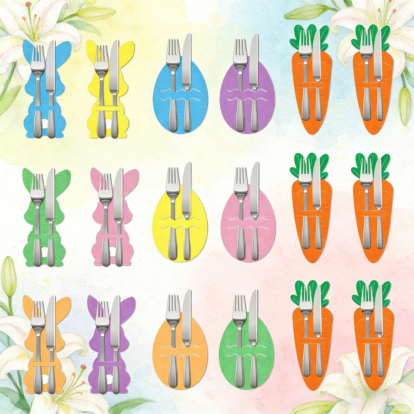 Rabbit 18-Piece Easter Cutlery Holders Set - 3 Identical Sets of 6, Festive Tableware Decor for Holiday V888-ELOSUNG48251