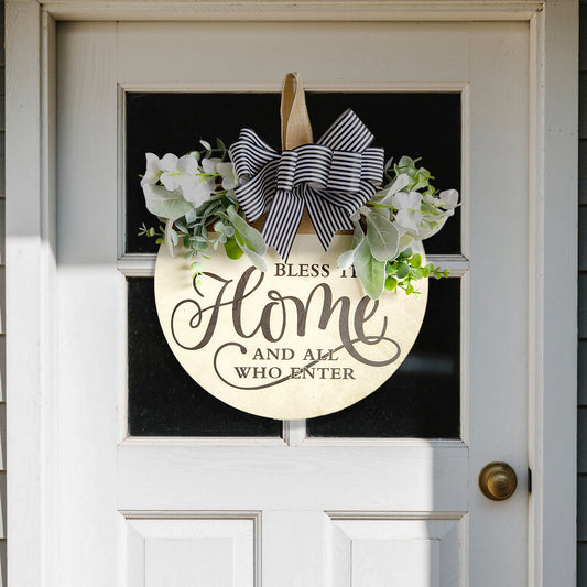Rustic Wooden Door Hanger - "Bless This Home and All Who Enter" Round Sign with Artificial Flowers & Striped V888-ELOSUNG48509