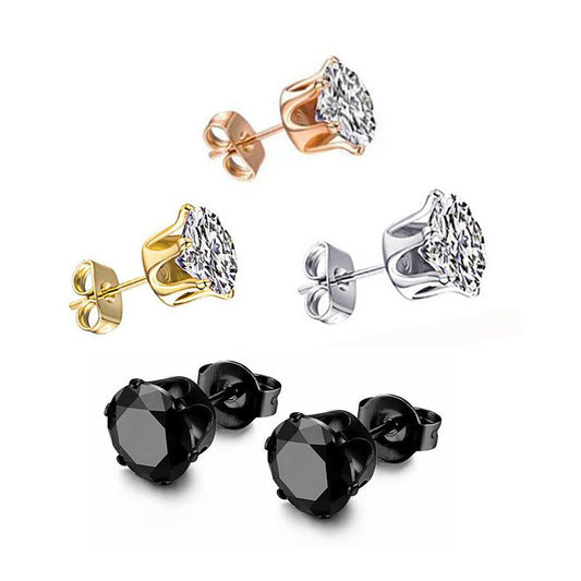 6-Pair Black Stainless Steel Stud Earring Set - Classic 6-Prong Crown Setting with Sparkling Round Cubic V888-ELOSUNG48971