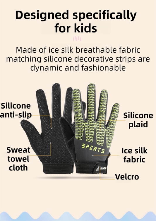 Black and Green Breathable Cycling Gloves for Kids - Non-Slip Silicone Grip, Ice Silk & Shock-Absorbing V888-ELOSUNG49049