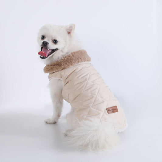 M Size Beige Winter Padded Cotton Dog Thermal Plaid Vest with Faux Fur Collar - Thick Fleece-Lined Warm Pet V888-ELOSUNG49274