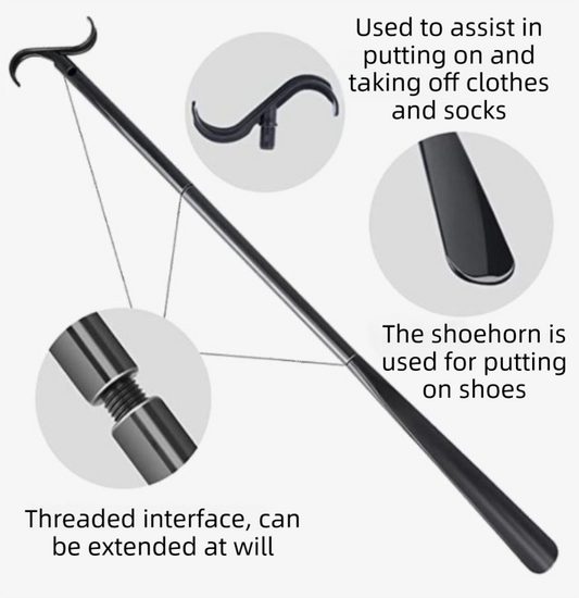 2-Pack Black Portable Dressing Aid Stick & Long-Handled Shoe Horn (3-Section Detachable) - Adjustable V888-ELOSUNG49305