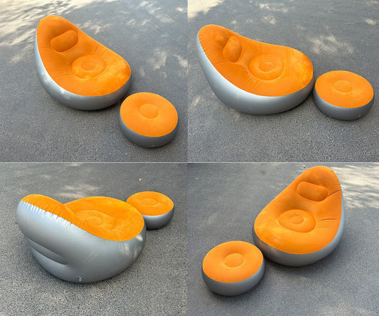 Blue Inflatable Flocked Lounge Chair & Ottoman Set with Foot Pump - Portable Ergonomic S-shaped Air Lounger V888-ELOSUNG49506