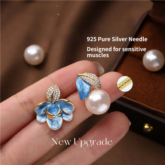 Luxury Porcelain Blue Gold Enamel Flower Pearl Earrings with Sparkling Zirconia - Vintage S925 Hypoallergenic V888-ELOSUNG49645