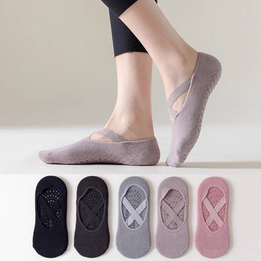 5-Pair Black Premium Non-Slip Yoga & Pilates Socks with Elastic Cross-Straps - Breathable Cotton Ballet-Style V888-ELOSUNG49864