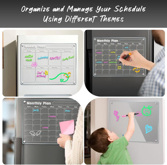 4-Piece Magnetic Acrylic Fridge Monthly + Weekly + Daily Planner Boards Set - Reusable Minimalist Memo Board V888-ELOSUNG49870