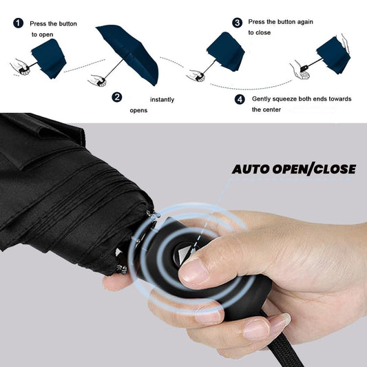 Black 97CM Large Folding Automatic Travel Umbrella with 8 Reinforced Fiberglass Ribs - Lightweight Compact V888-ELOSUNG49914