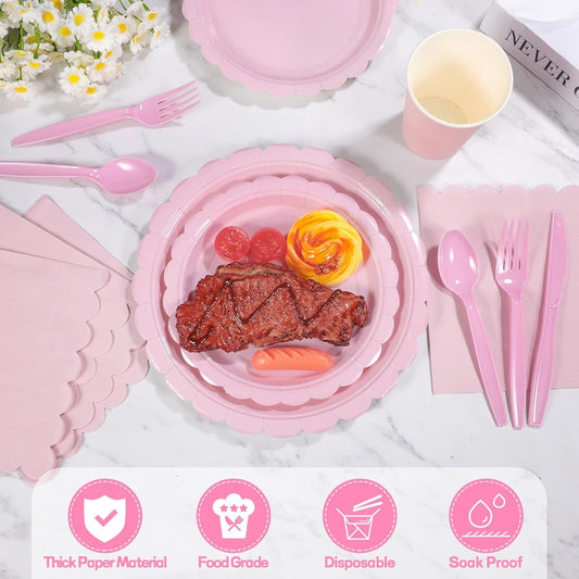 7-Piece Pink Scalloped Party Tableware Set with Floral Wavy Edges - Elegant Disposable Paper Plates 7 / 9 V888-ELOSUNG49996