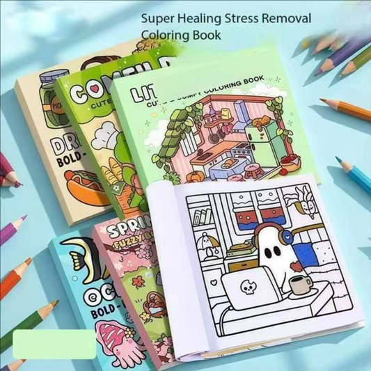 4-Pack Cute & Cozy Coloring Books for Kids, Kawaii Art Therapy Stress Relief Coloring Set with many Healing V888-ELOSUNG50195