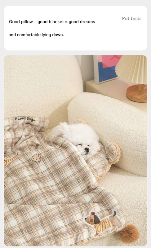 M size 2-Piece Plaid Puppy Pet Blanket and Pillow Set - Soft Cotton Plush Sleeping Mat for Dogs and Cats, V888-ELOSUNG50269